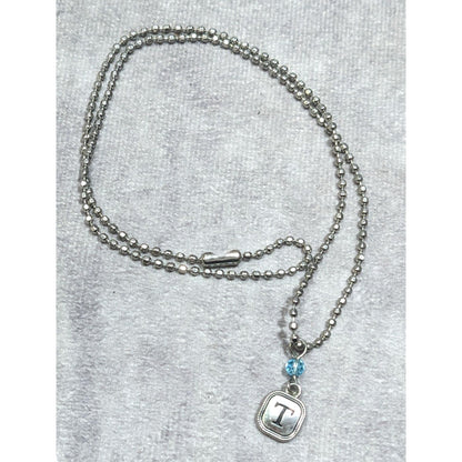 Minimalist Letter T Pendant Necklace With Blue Accent Bead