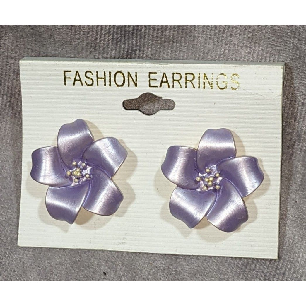 Vintage 80s Floral Metal Purple Flower Clip On Earrings NWT