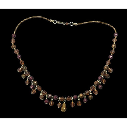 Rustic Brown Glass Faux Pearl Beaded Fringe Necklace