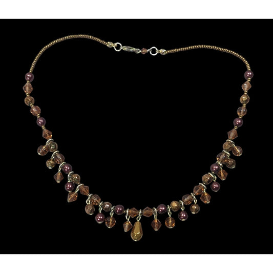 Rustic Brown Glass Faux Pearl Beaded Fringe Necklace