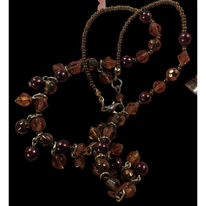 Rustic Brown Glass Faux Pearl Beaded Fringe Necklace