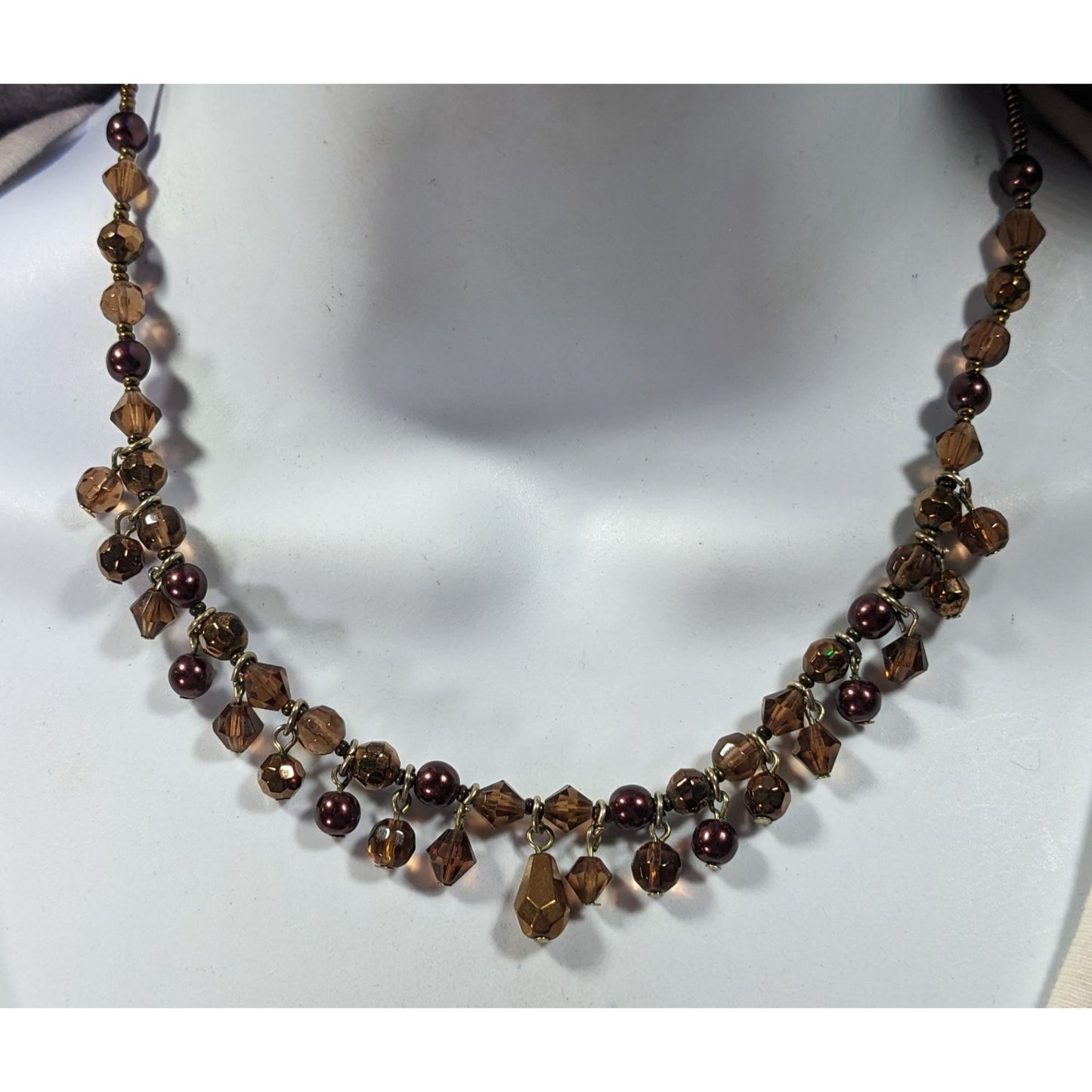 Rustic Brown Glass Faux Pearl Beaded Fringe Necklace