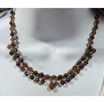 Rustic Brown Glass Faux Pearl Beaded Fringe Necklace