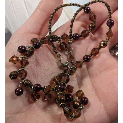 Rustic Brown Glass Faux Pearl Beaded Fringe Necklace