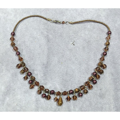 Rustic Brown Glass Faux Pearl Beaded Fringe Necklace