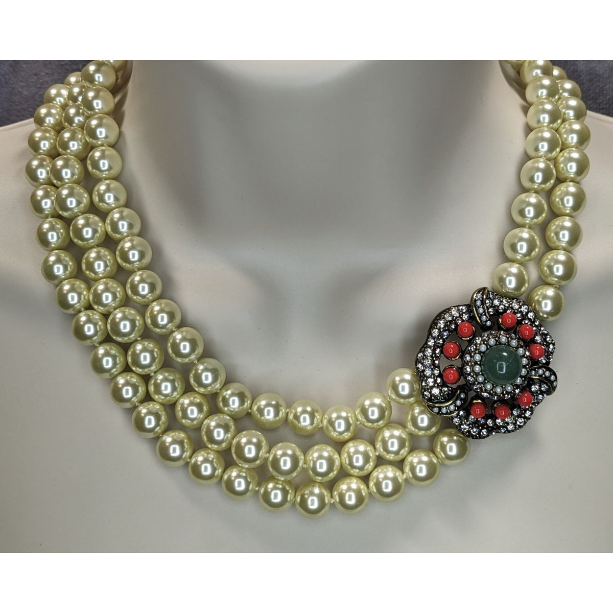 Vintage Glam Statement Pearl Triple Strand Floral Rhinestone Necklace