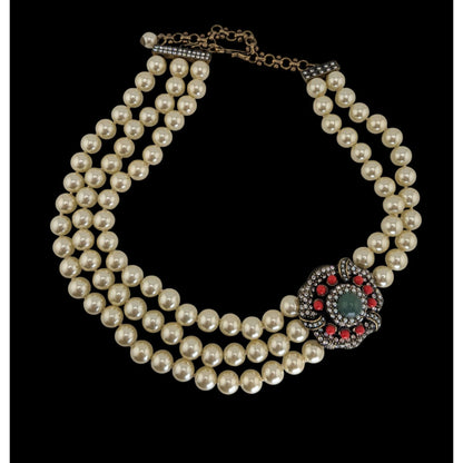 Vintage Glam Statement Pearl Triple Strand Floral Rhinestone Necklace