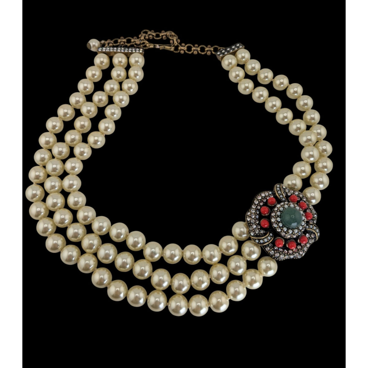 Vintage Glam Statement Pearl Triple Strand Floral Rhinestone Necklace