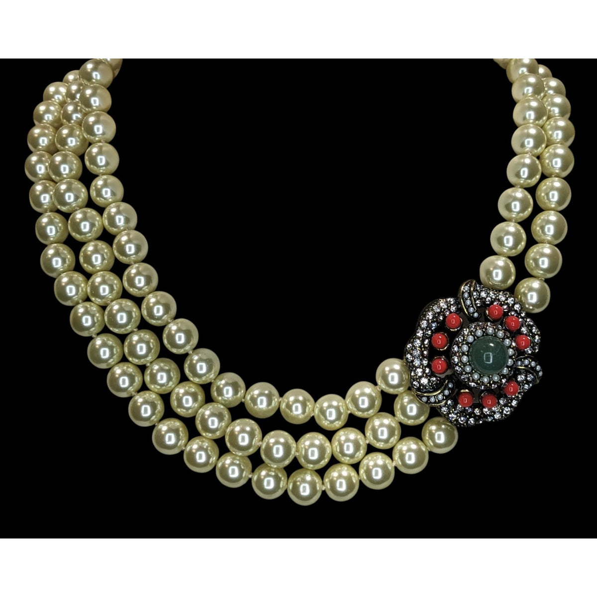 Vintage Glam Statement Pearl Triple Strand Floral Rhinestone Necklace