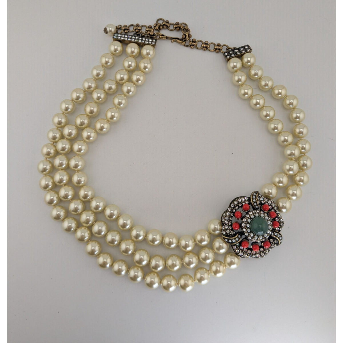 Vintage Glam Statement Pearl Triple Strand Floral Rhinestone Necklace