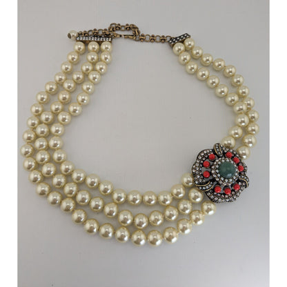 Vintage Glam Statement Pearl Triple Strand Floral Rhinestone Necklace