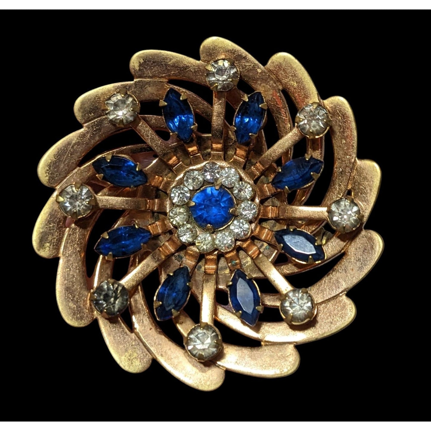 Vintage Blue And Gold Rhinestone Floral Brooch