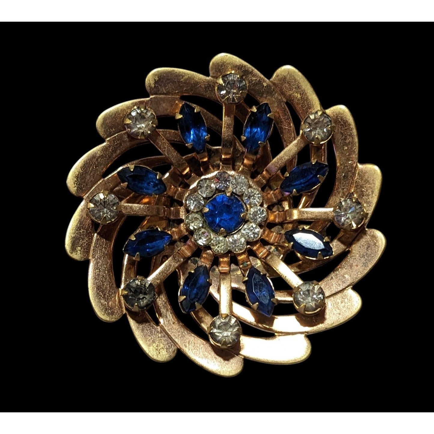 Vintage Blue And Gold Rhinestone Floral Brooch