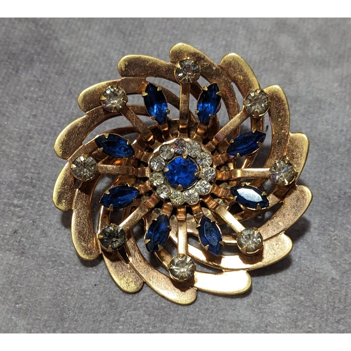 Vintage Blue And Gold Rhinestone Floral Brooch