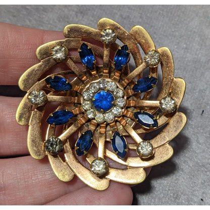 Vintage Blue And Gold Rhinestone Floral Brooch