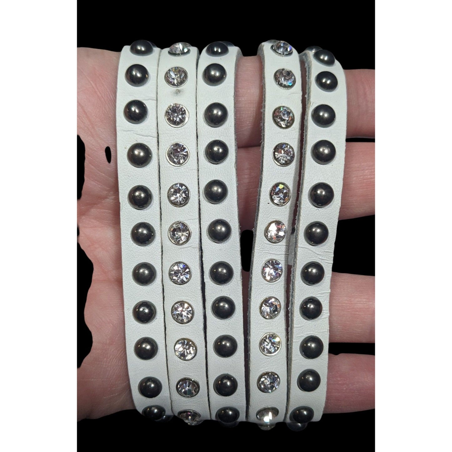 Alternative Glam Multilayer White Faux Leather Metal Rhinestone Studded Bracelet