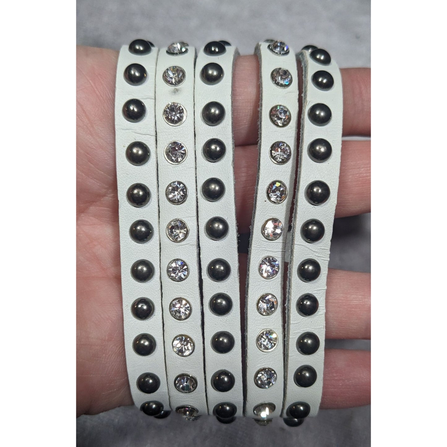 Alternative Glam Multilayer White Faux Leather Metal Rhinestone Studded Bracelet