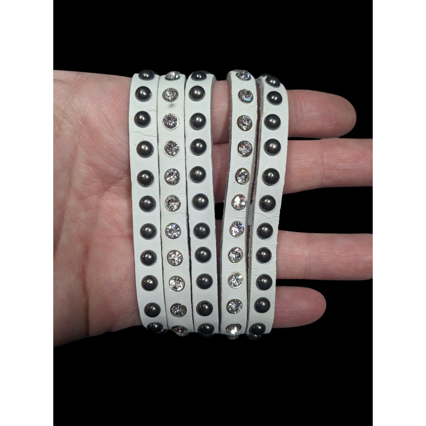 Alternative Glam Multilayer White Faux Leather Metal Rhinestone Studded Bracelet