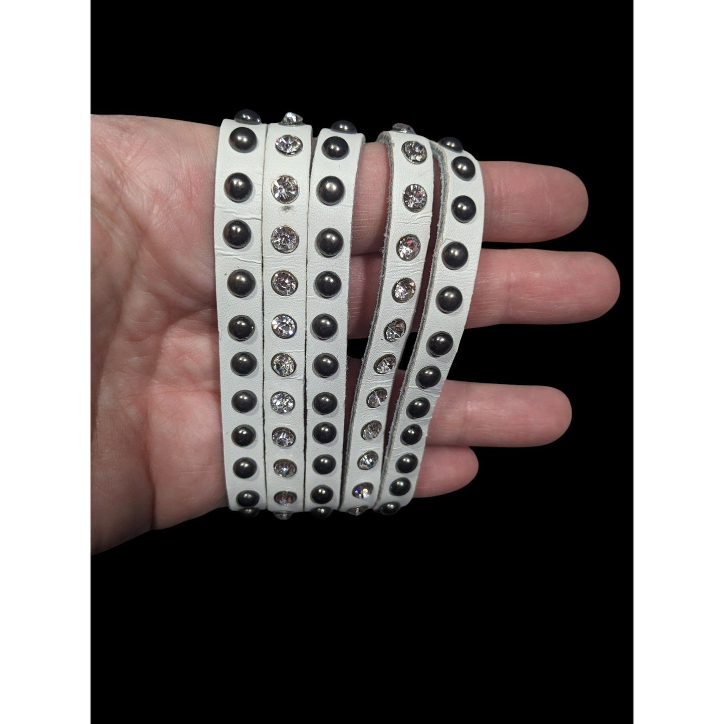 Alternative Glam Multilayer White Faux Leather Metal Rhinestone Studded Bracelet