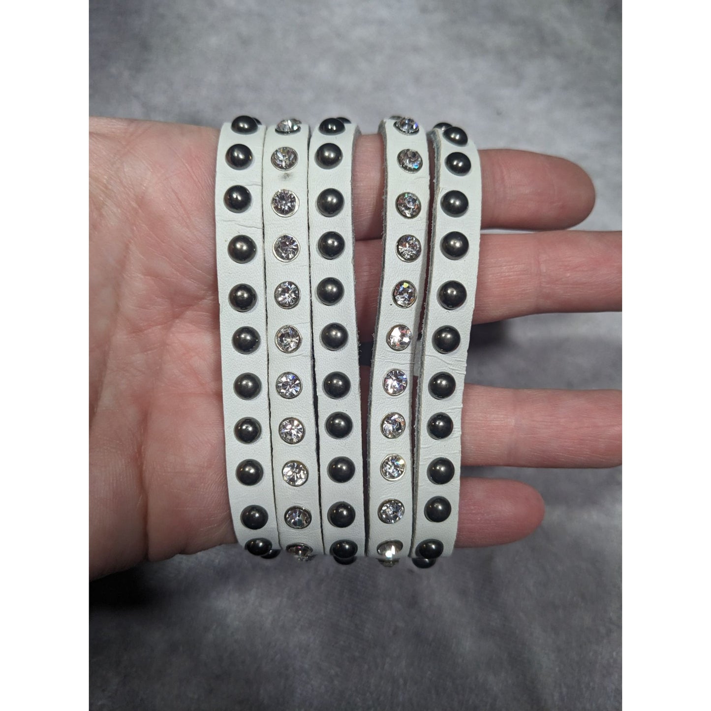 Alternative Glam Multilayer White Faux Leather Metal Rhinestone Studded Bracelet