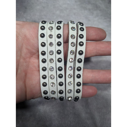 Alternative Glam Multilayer White Faux Leather Metal Rhinestone Studded Bracelet