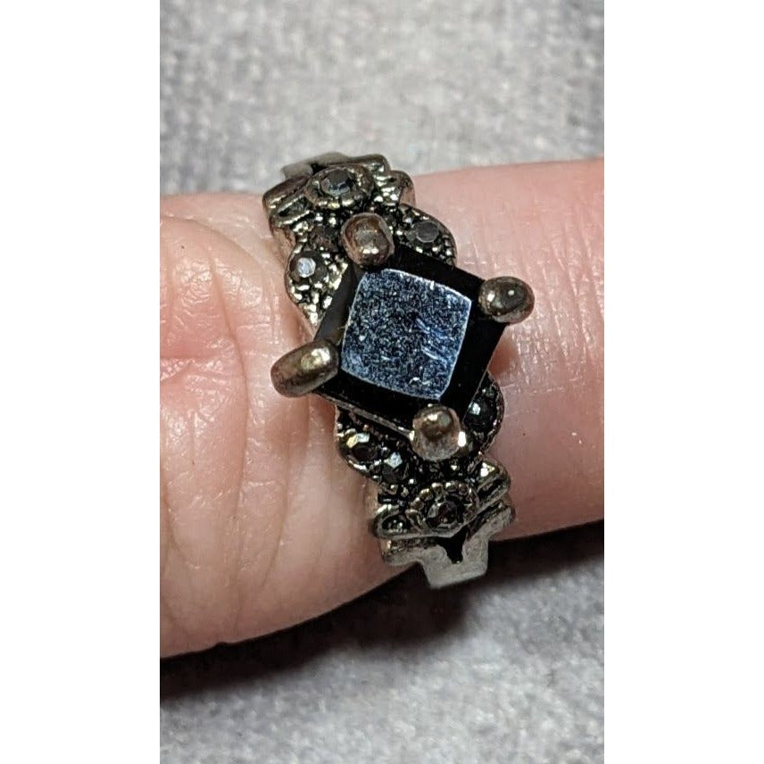 Gothic Floral Black Gemmed Ring With Marcasite Accents