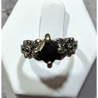 Gothic Floral Black Gemmed Ring With Marcasite Accents