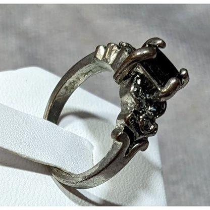 Gothic Floral Black Gemmed Ring With Marcasite Accents