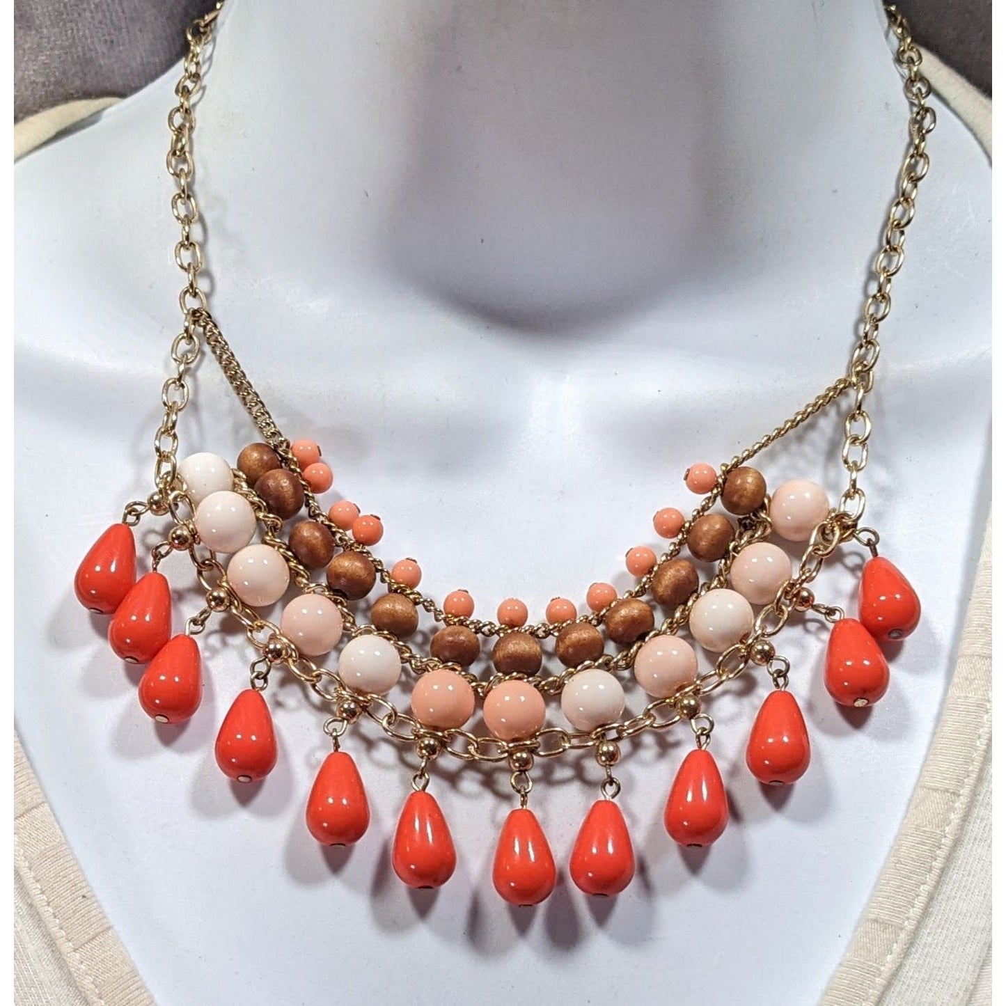 Retro Bohemian Orange And Pink Beaded Fringe Bib Necklace