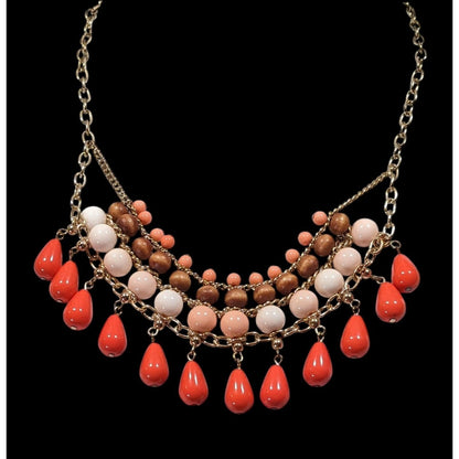 Retro Bohemian Orange And Pink Beaded Fringe Bib Necklace