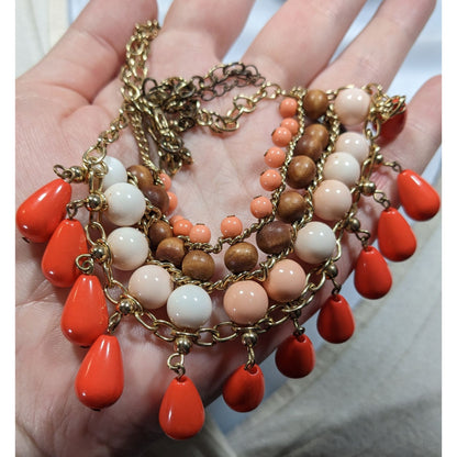 Retro Bohemian Orange And Pink Beaded Fringe Bib Necklace