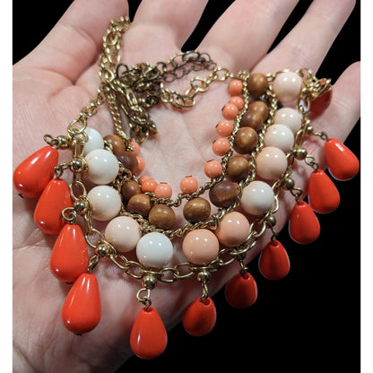 Retro Bohemian Orange And Pink Beaded Fringe Bib Necklace