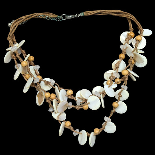 Vintage Beachy Mermaidcore Layered Necklace With Wood Stones And Shells