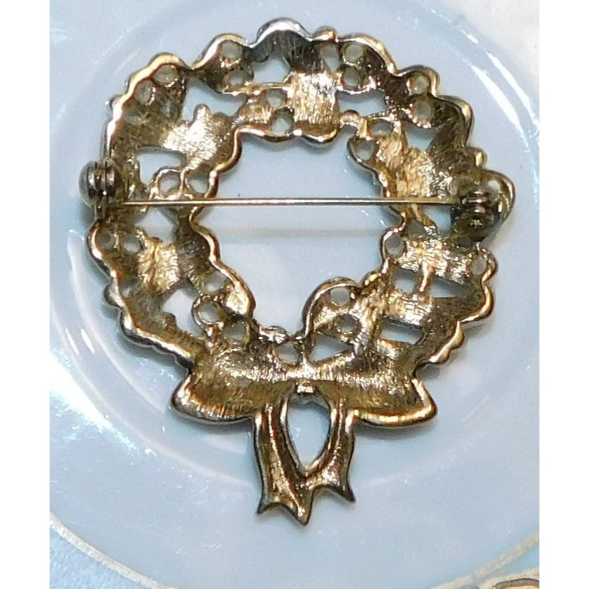 Vintage Hearts And Bows Wreath Brooch With Rhinestones