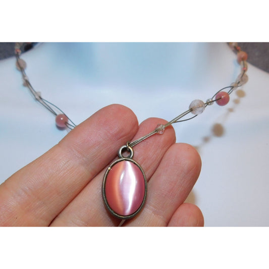 Coquette Pink Cateye Teardrop Glass Pendant Necklace