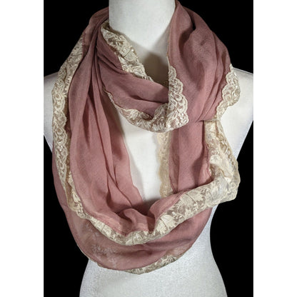 BP Coquette Victorian Rose Pink Infinity Scarf With Cream Floral Lace Trim