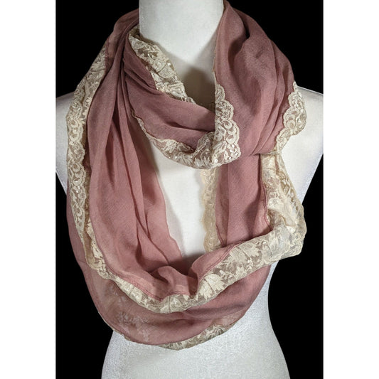 BP Coquette Victorian Rose Pink Infinity Scarf With Cream Floral Lace Trim