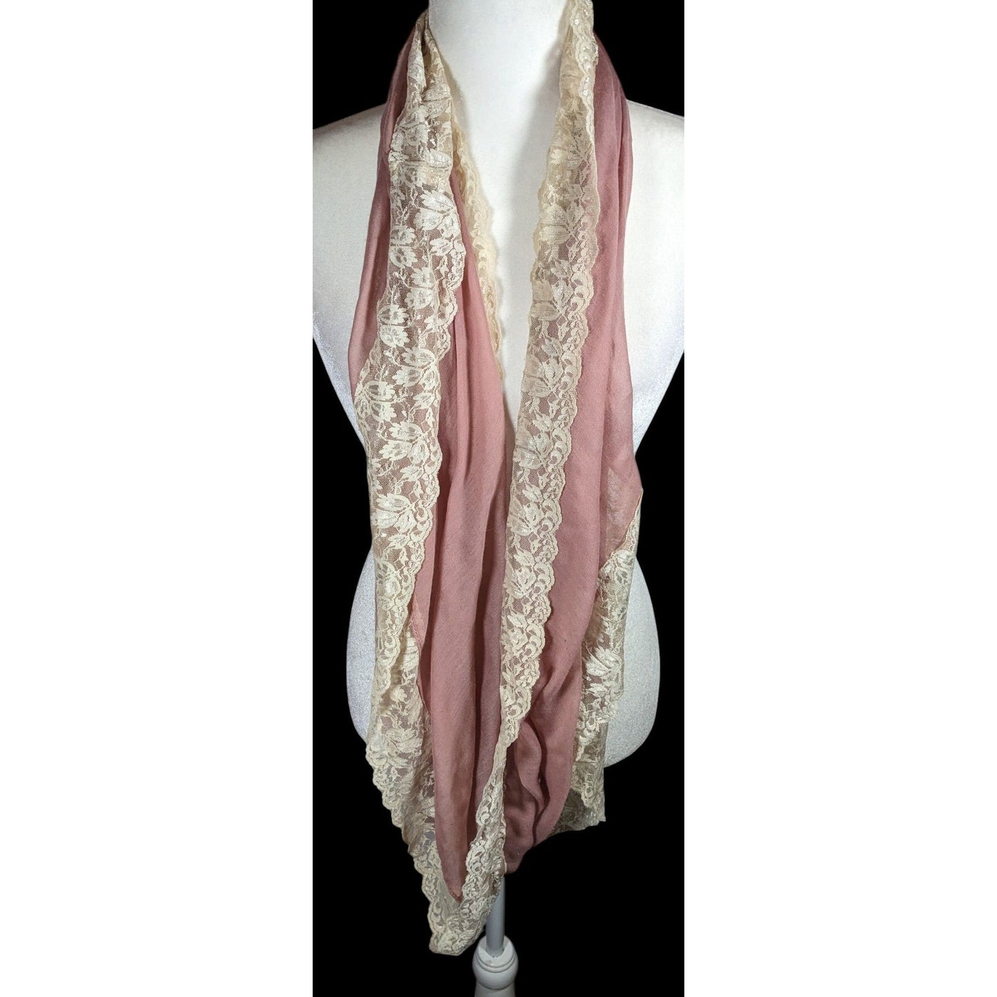 BP Coquette Victorian Rose Pink Infinity Scarf With Cream Floral Lace Trim