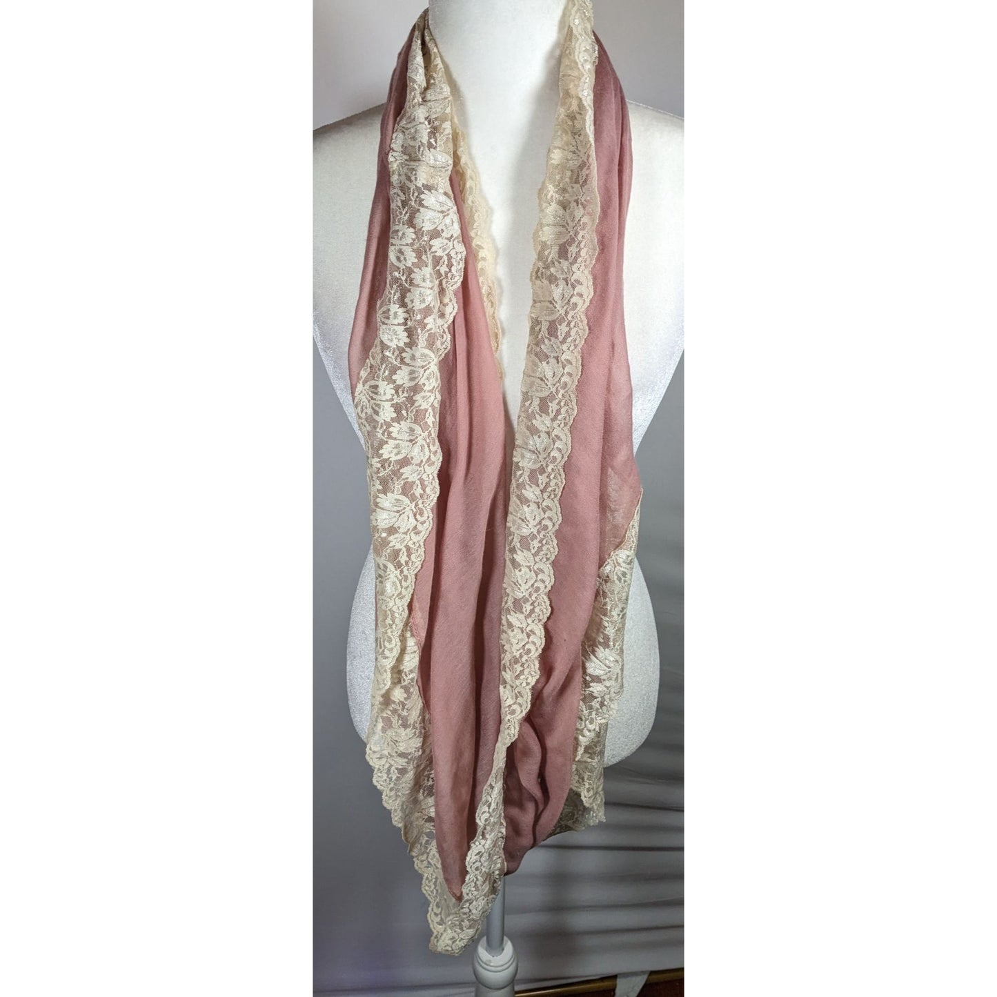 BP Coquette Victorian Rose Pink Infinity Scarf With Cream Floral Lace Trim