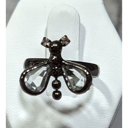 Whimsygoth Fairycore Black Dragonfly Adjustable Ring With Clear Gems
