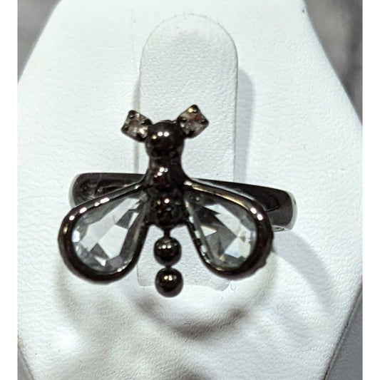Whimsygoth Fairycore Black Dragonfly Adjustable Ring With Clear Gems