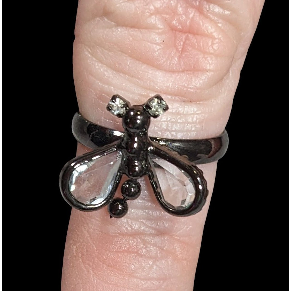 Whimsygoth Fairycore Black Dragonfly Adjustable Ring With Clear Gems