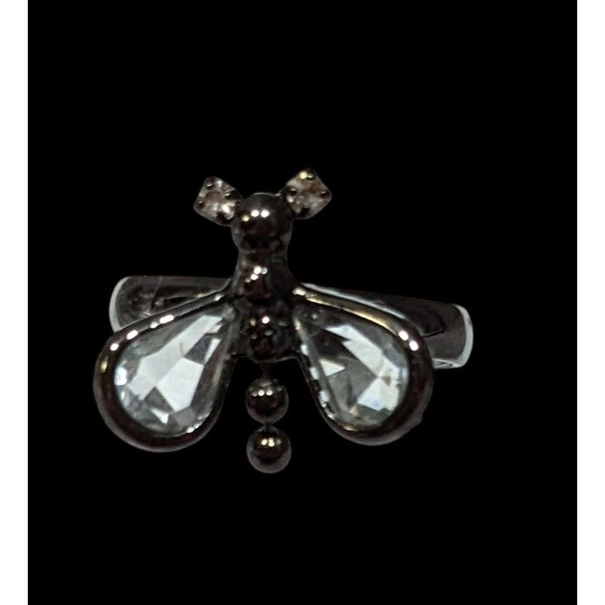 Whimsygoth Fairycore Black Dragonfly Adjustable Ring With Clear Gems