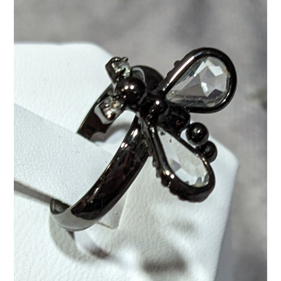 Whimsygoth Fairycore Black Dragonfly Adjustable Ring With Clear Gems