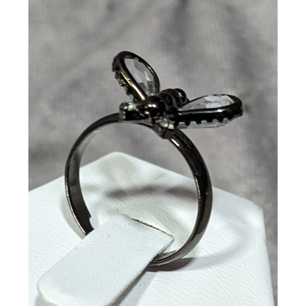 Whimsygoth Fairycore Black Dragonfly Adjustable Ring With Clear Gems