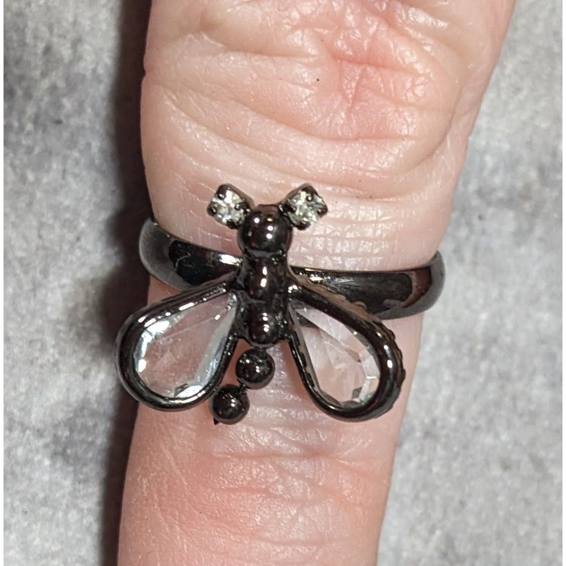 Whimsygoth Fairycore Black Dragonfly Adjustable Ring With Clear Gems