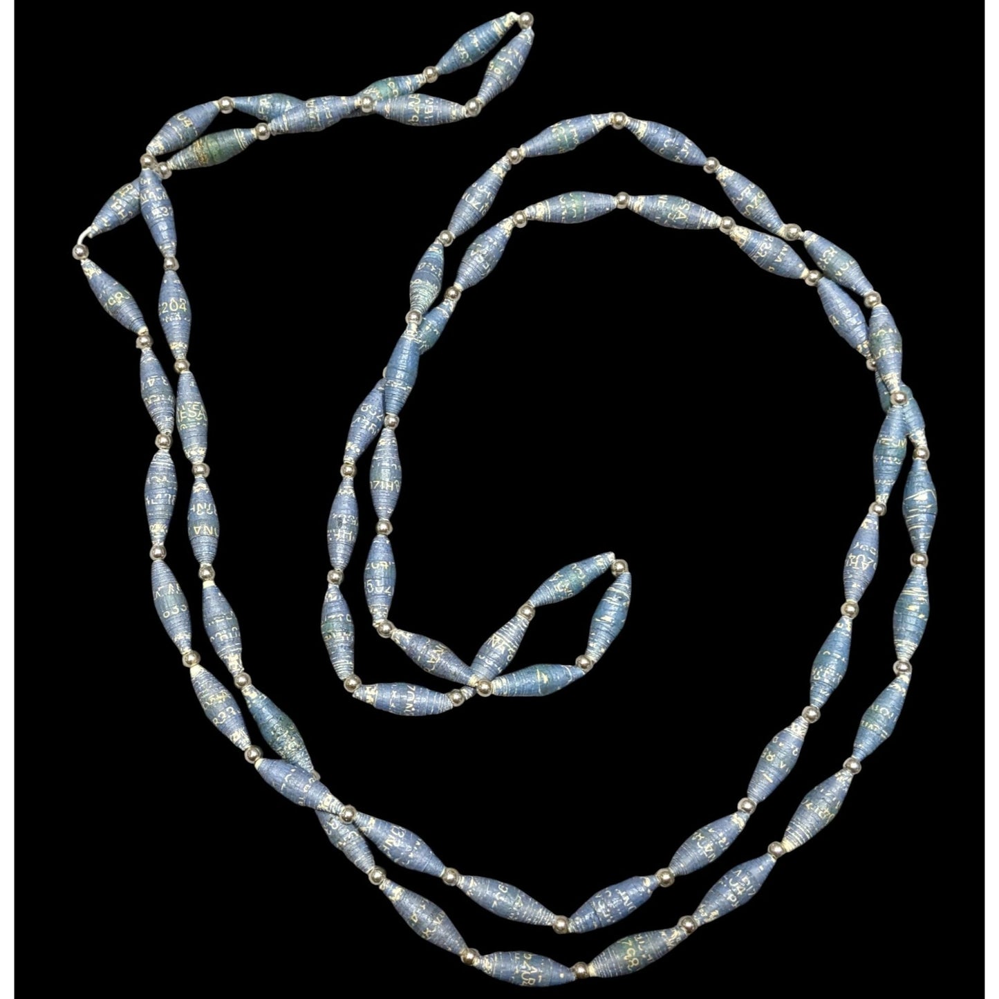 Vintage Blue Wrapped Paper Beaded Necklace With Silver Tone Accents