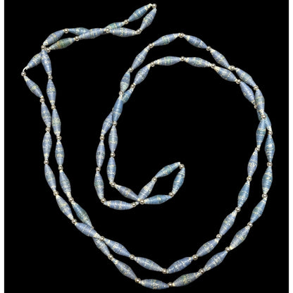 Vintage Blue Wrapped Paper Beaded Necklace With Silver Tone Accents