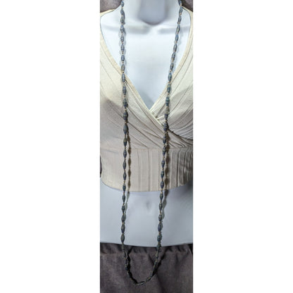 Vintage Blue Wrapped Paper Beaded Necklace With Silver Tone Accents