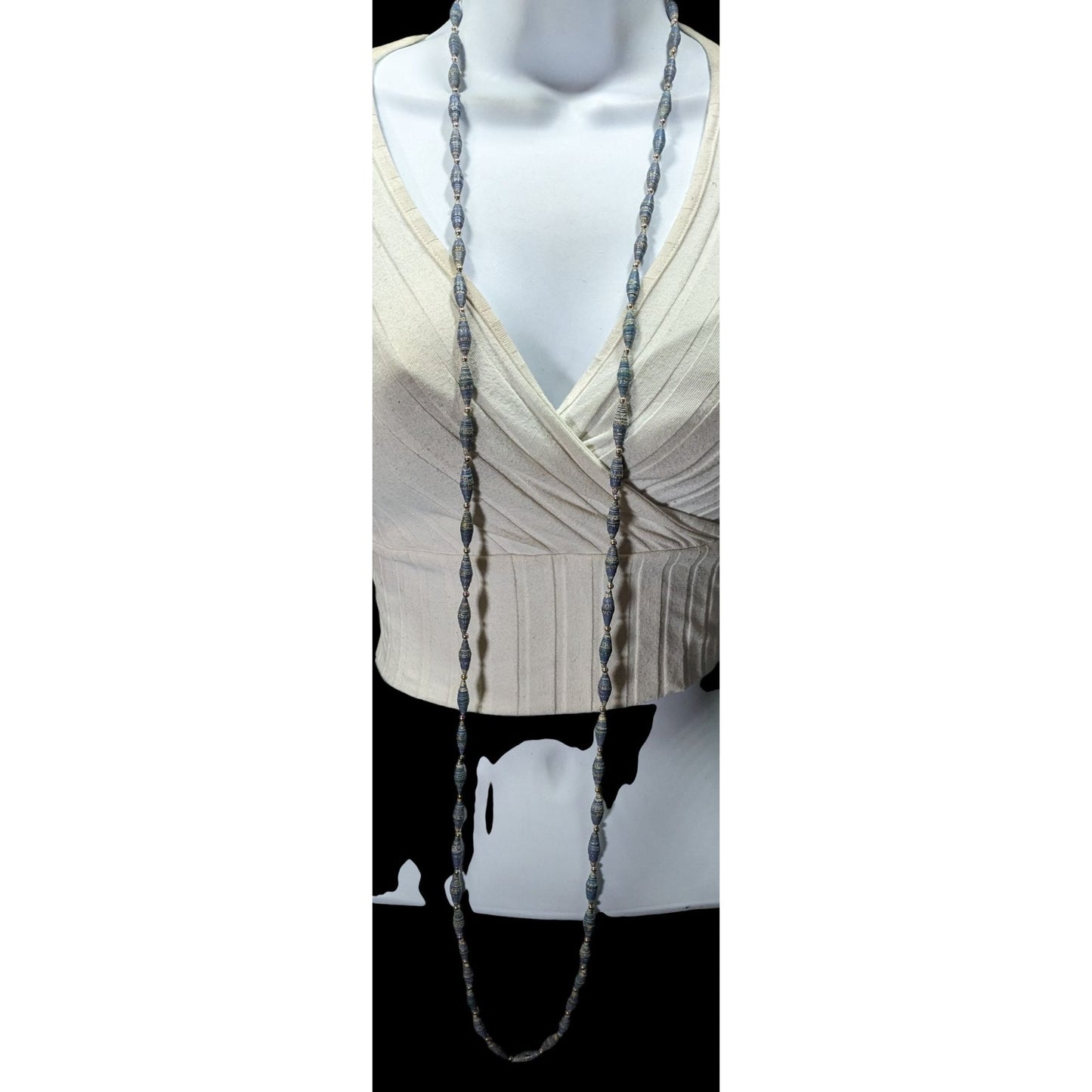 Vintage Blue Wrapped Paper Beaded Necklace With Silver Tone Accents